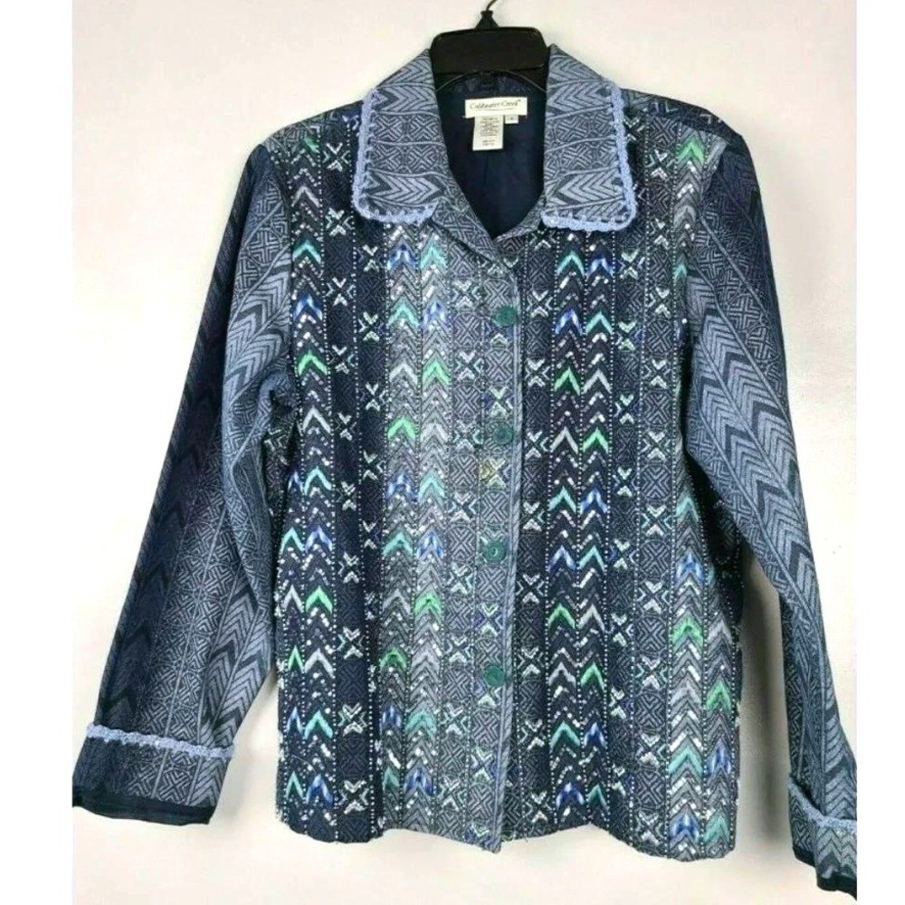Coldwater Creek BOHO Denim Jacket Womens M Blue Sequin Chevron Button Up
